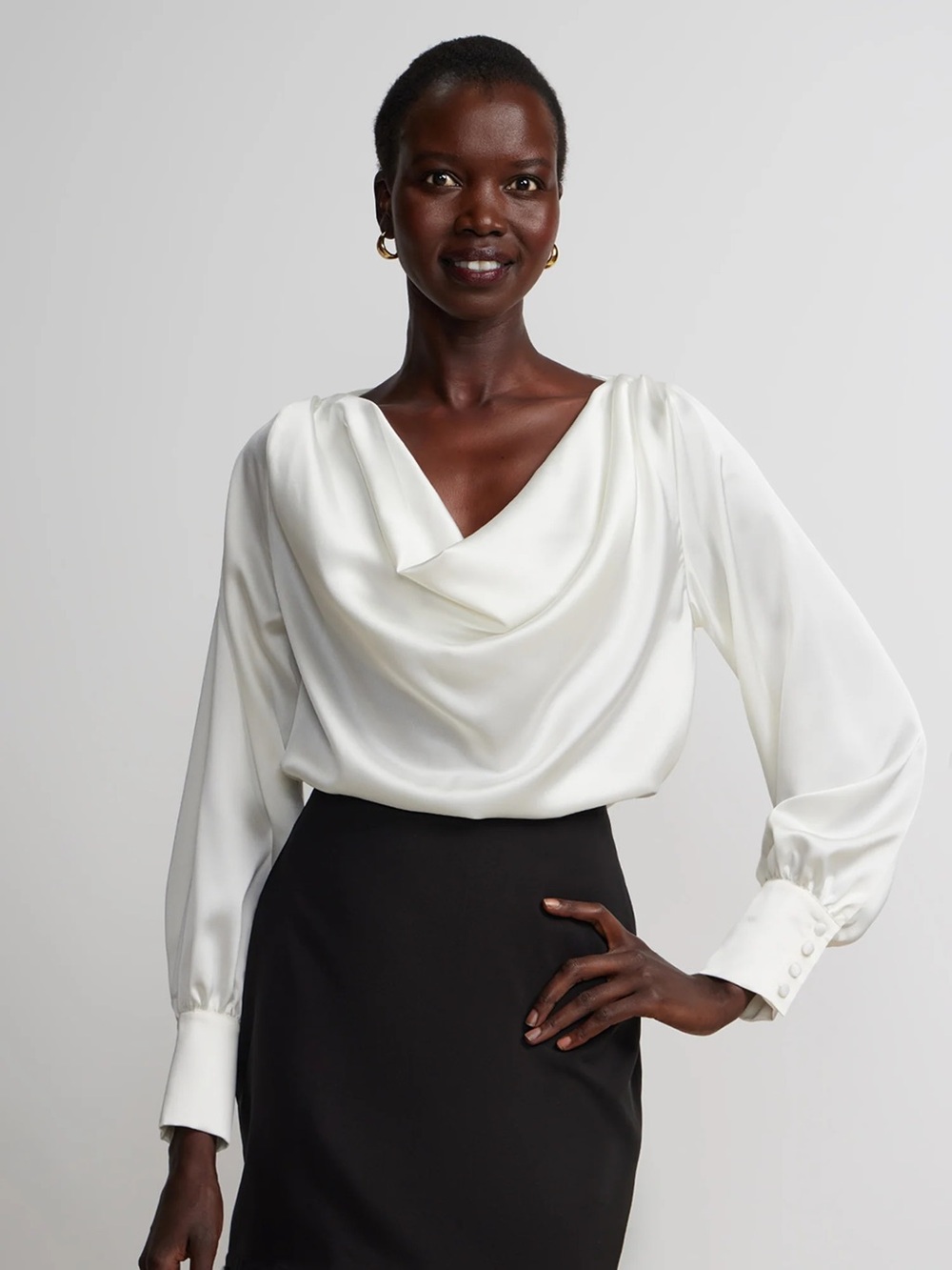 New York & Company White Satin Draped Cowl Blouse